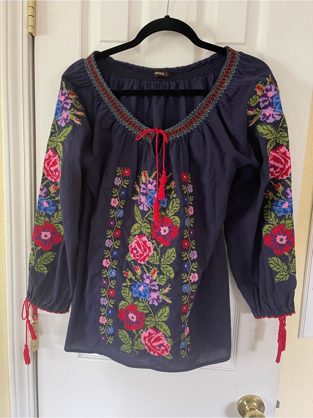 Durga Navy Peasant Tunic with Multicolor Floral Embroidery